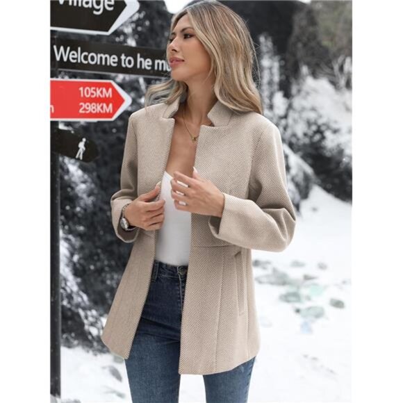 Women’s Open Front Herringbone Blazer Khaki - Picture 4 of 5